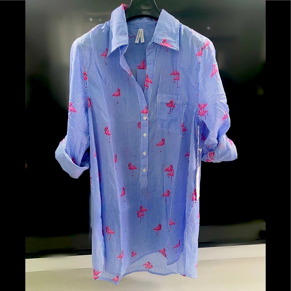 Summer Flamingo white & blue stripes Tunic